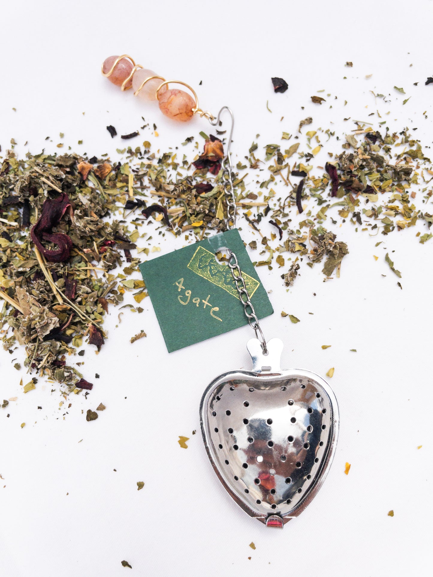 heart shaped stainless steel tea infuser with natural stones