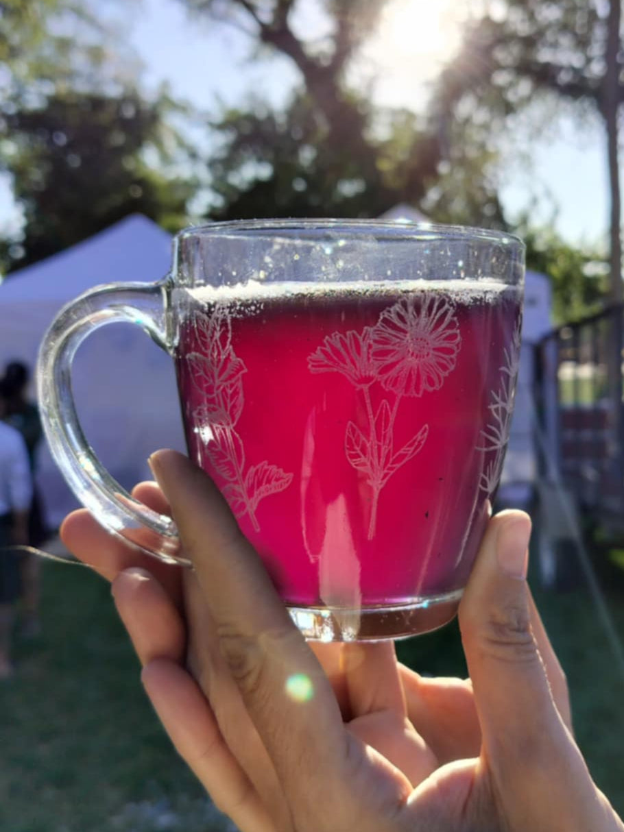 Hand holding a mug with red liquid against a blurred outdoor background butterfly bliss herbal tea blend butterfly pea flower tea blue tea lemon verbena tea lavender tea tulsi tea holy basil tea nervous system tea postpartum tea nursing-friendly tea kid-friendly tea child-safe tea color-changing tea